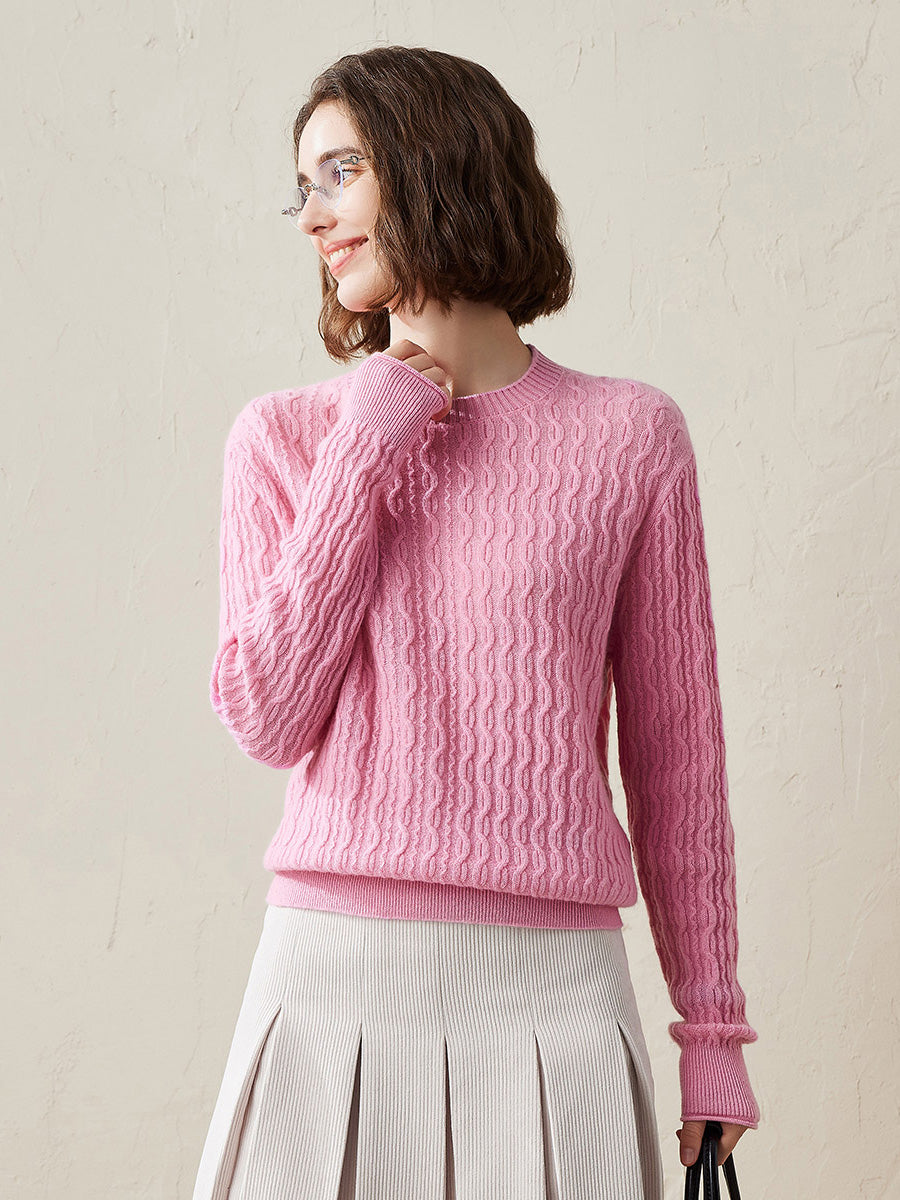 COMOBOCA Pink 100% Cashmere Women's Classic Cable Knit Sweater