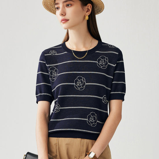 COMOBOCA Navy Blue Women's Striped Floral Knit T-Shirt