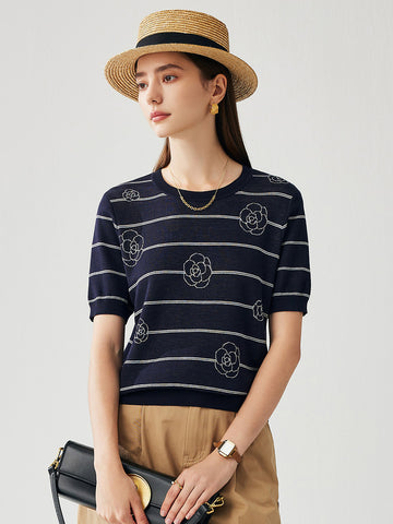 COMOBOCA Navy Blue Women's Striped Floral Knit T-Shirt