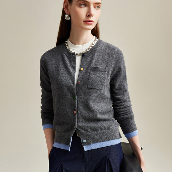 COMOBOCA 100% Cashmere Women's Contrast-Trim Pocket Cardigan