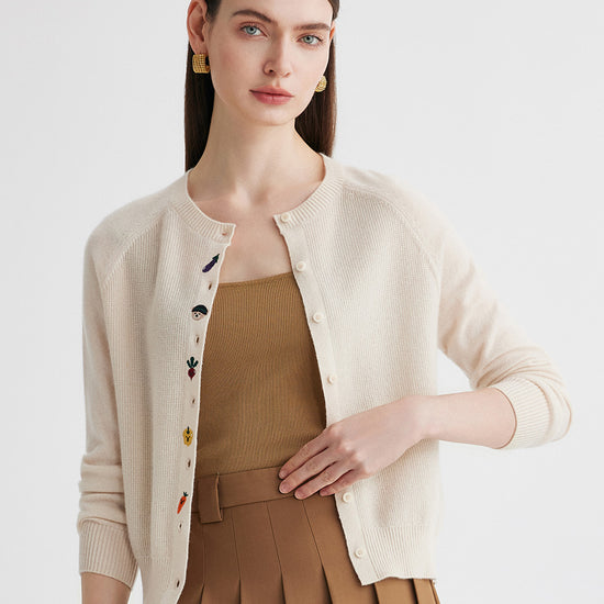 COMOBOCA 100% Cashmere Women's Embroidered Button-Front Cardigan