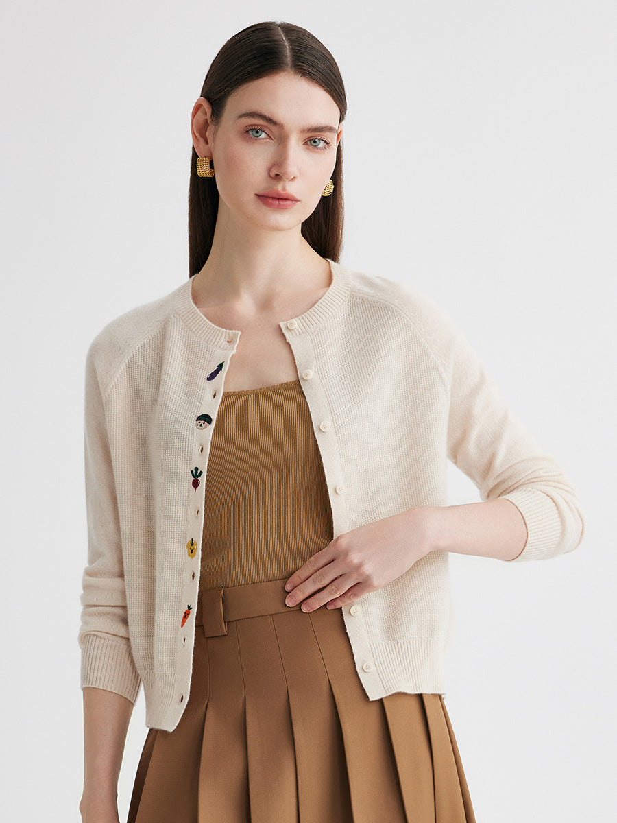 COMOBOCA 100% Cashmere Women's Embroidered Button-Front Cardigan