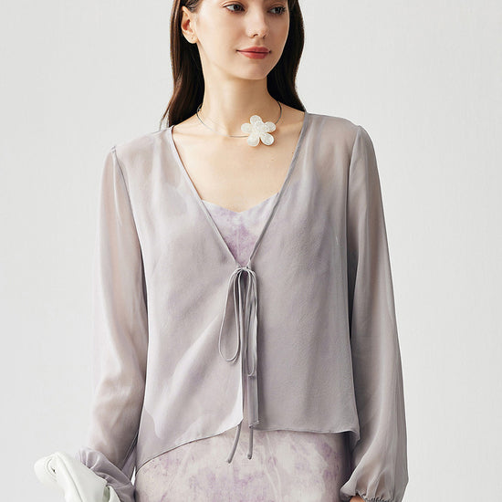 COMOBOCA Purple Gray 100% Mulberry Silk Women's Tie-Front Blouse