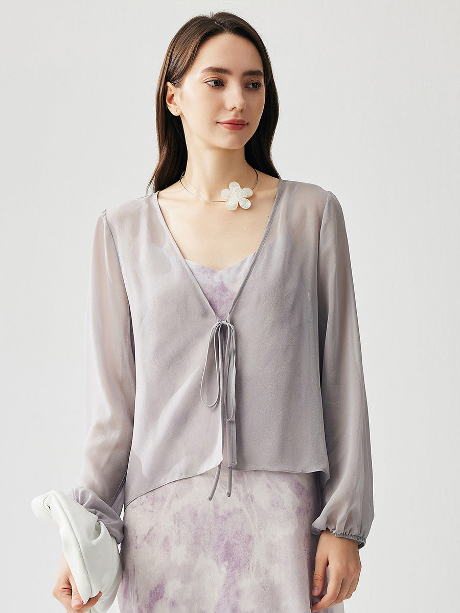 COMOBOCA Purple Gray 100% Mulberry Silk Women's Tie-Front Blouse