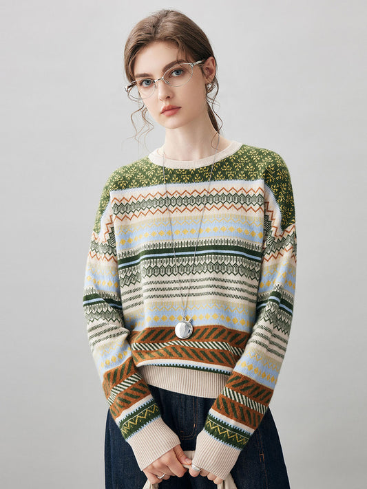 COMOBOCA Fair Isle 100% Cashmere Women's Fair Isle Round Neck Sweater