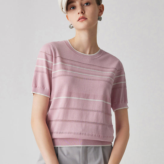 COMOBOCA Women's Relaxed Fit Striped Knit T-Shirt