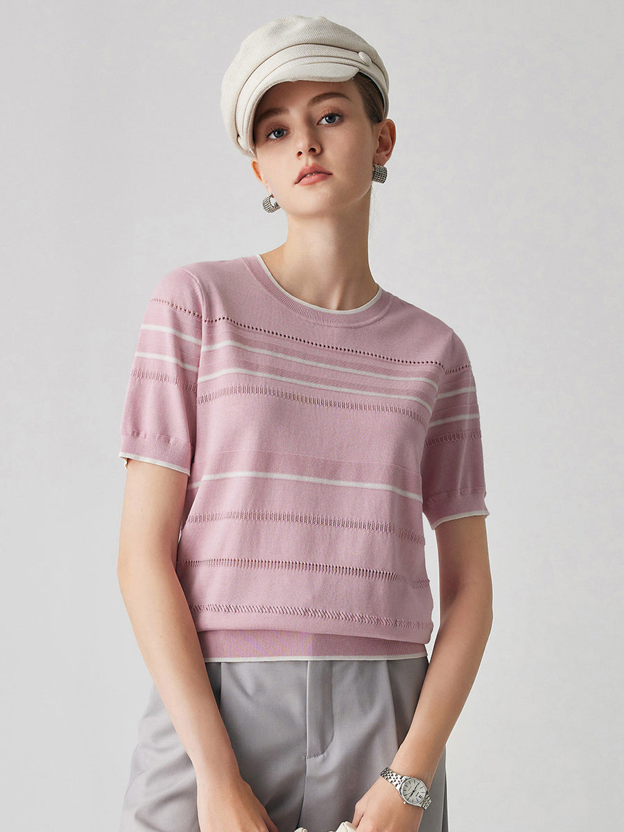 COMOBOCA Women's Relaxed Fit Striped Knit T-Shirt