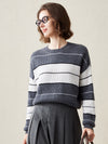 COMOBOCA Gray 100% Cashmere Women's Striped Crewneck Sweater