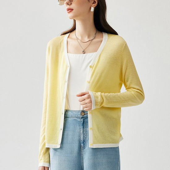 COMOBOCA Women's Ribbed V-neck Cardigan with White Trim