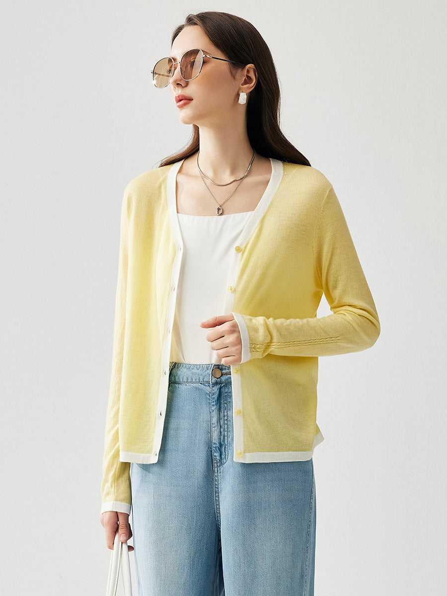 COMOBOCA Women's Ribbed V-neck Cardigan with White Trim