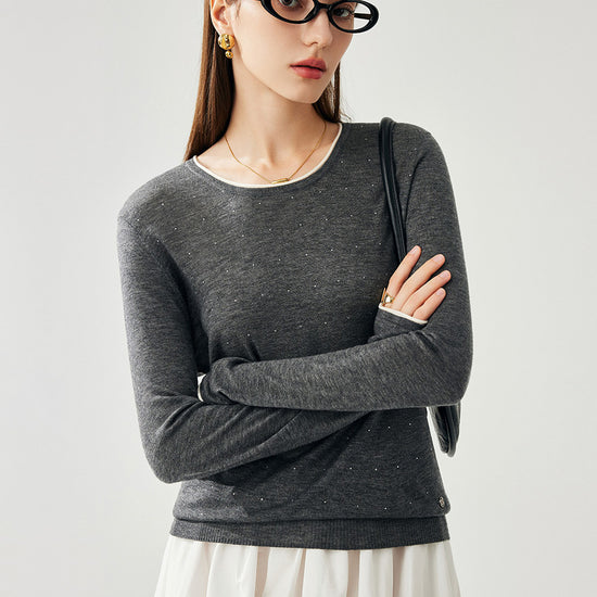 COMOBOCA Gray Women's Rhinestone Detail Crewneck Knit Sweater