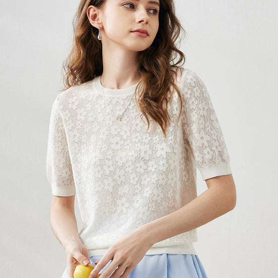 COMOBOCA Women's Cotton Silk Versatile Floral Lace Knit T-Shirt
