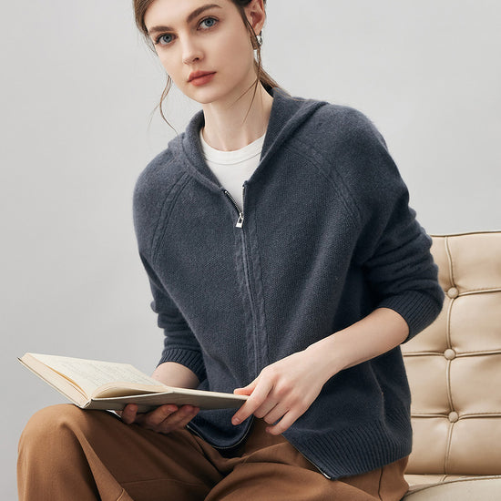 COMOBOCA 100% Cashmere Women's Double Zip Hoodie