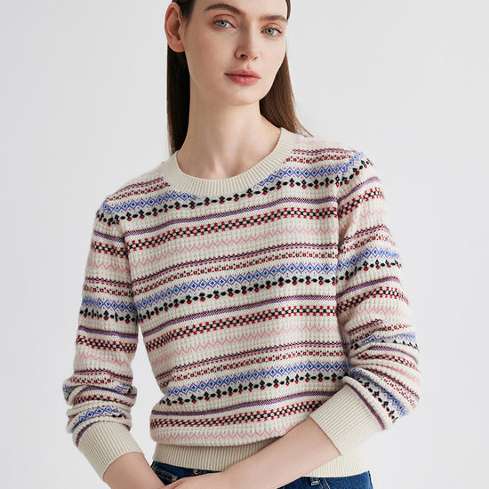 COMOBOCA 100% Cashmere Women's Fair Isle Round Neck Sweater