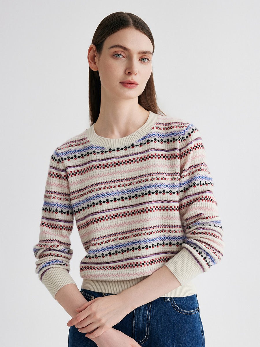 COMOBOCA 100% Cashmere Women's Fair Isle Round Neck Sweater