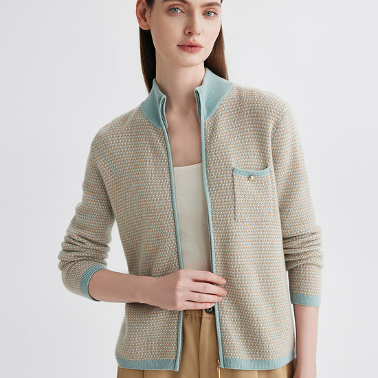 COMOBOCA 100% Cashmere Women's Textured Knit Zip Up Cardigan