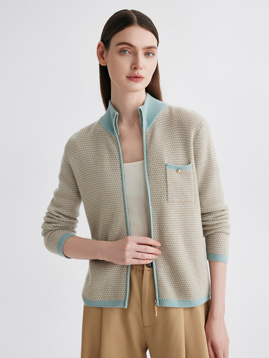 COMOBOCA 100% Cashmere Women's Textured Knit Zip Up Cardigan