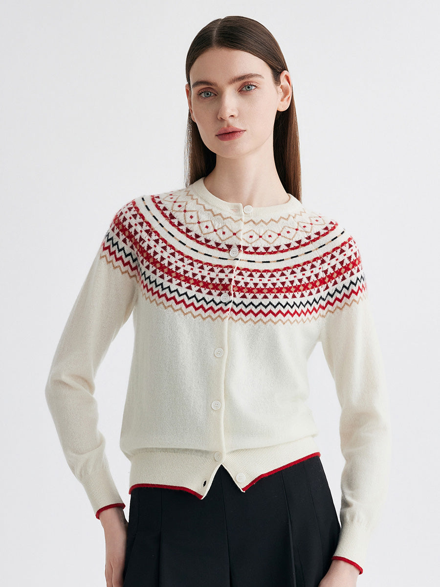 COMOBOCA Cloudy 100% Cashmere Women's Fair Isle Button Front Cardigan