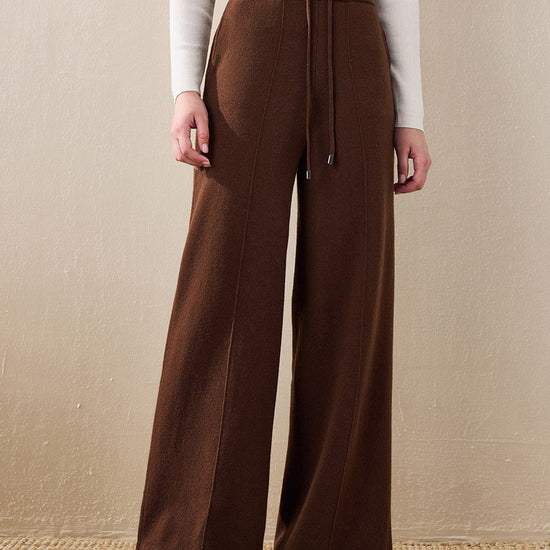 COMOBOCA Coffee 100% Wool Women's Wide Leg Pants with Drawstring