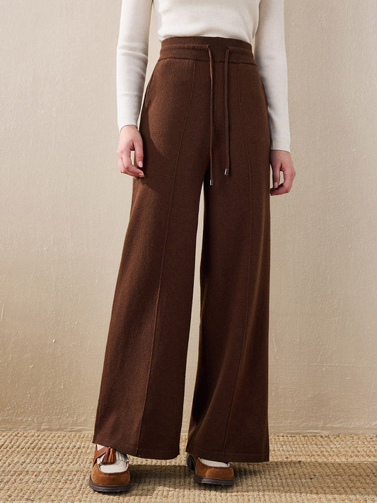 COMOBOCA Coffee 100% Wool Women's Wide Leg Pants with Drawstring
