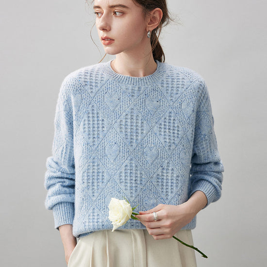 COMOBOCA Light Blue 100% Cashmere Women's Openwork Knit Round Neck Sweater