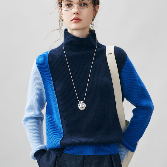 COMOBOCA Blue 100% Cashmere Women's Color Block Turtleneck Sweater
