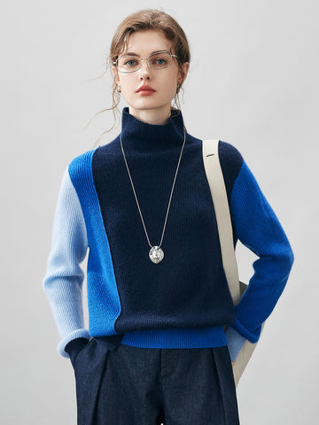 COMOBOCA Blue 100% Cashmere Women's Color Block Turtleneck Sweater
