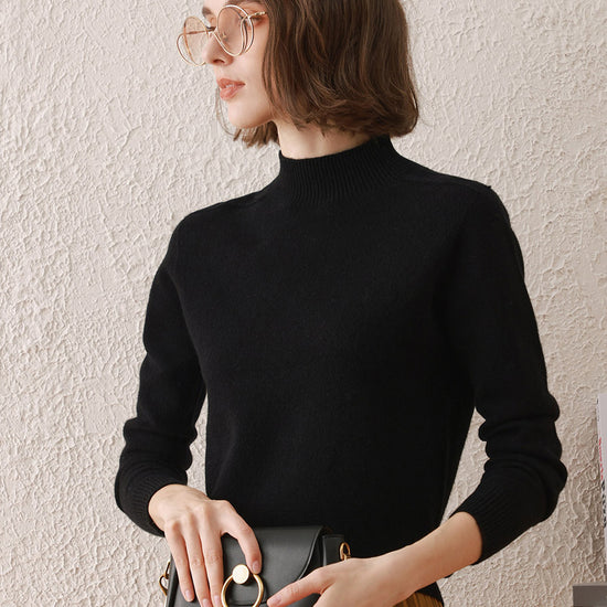 COMOBOCA BLACK 100% Wool Women's All-Match Mock Neck Sweater