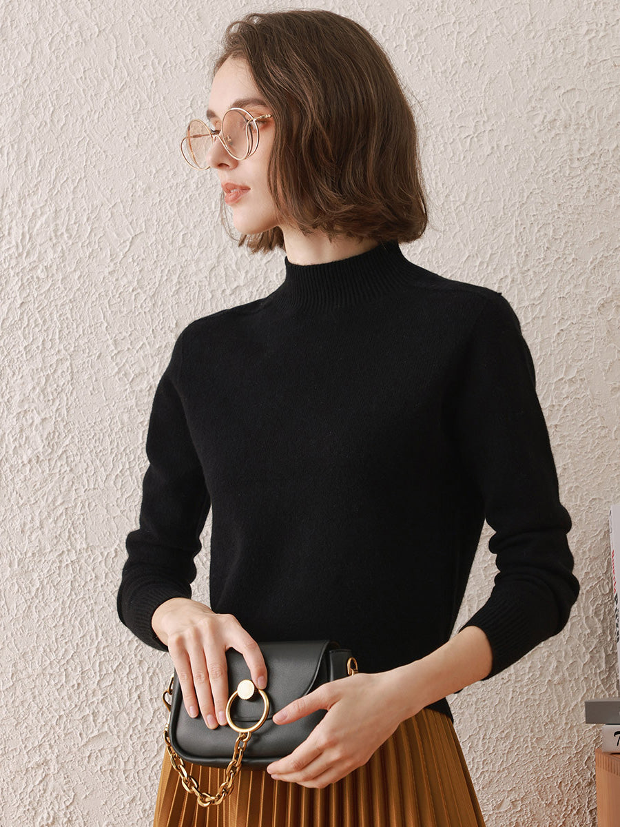 COMOBOCA BLACK 100% Wool Women's All-Match Mock Neck Sweater