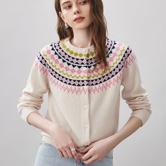 COMOBOCA Beige 100% Wool Women's Fair Isle Inspired Button Down Cardigan