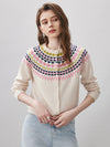 COMOBOCA Beige 100% Wool Women's Fair Isle Inspired Button Down Cardigan