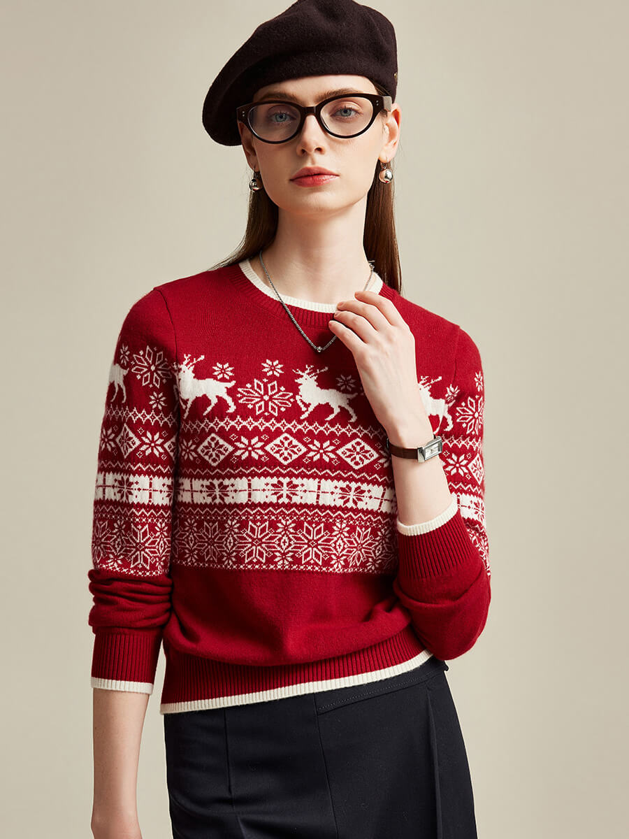 COMOBOCA 100% Cashmere Women's Nordic Reindeer Knit Sweater