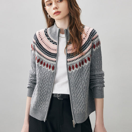 COMOBOCA Gray 100% Wool Women's Fair Isle Zip Up Cable Knit Cardigan