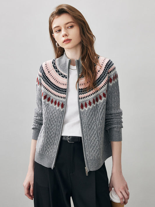 COMOBOCA Gray 100% Wool Women's Fair Isle Zip Up Cable Knit Cardigan