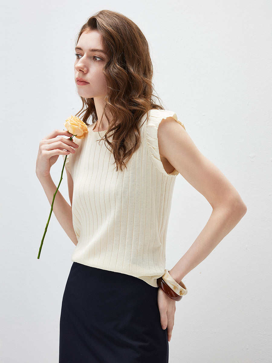 COMOBOCA Women's Ruffled Cap Sleeve Ribbed Knit Blouse