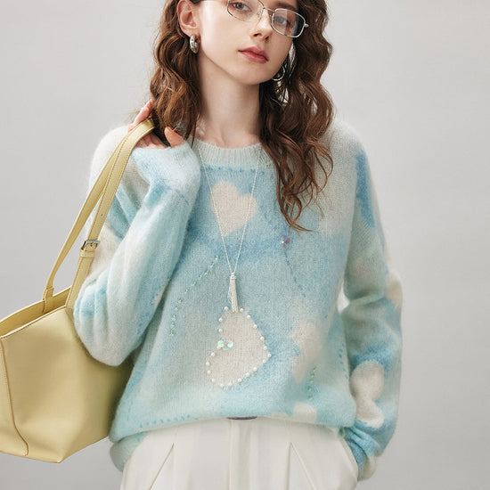 COMOBOCA Women's Heart Printed Round Neck Sweater