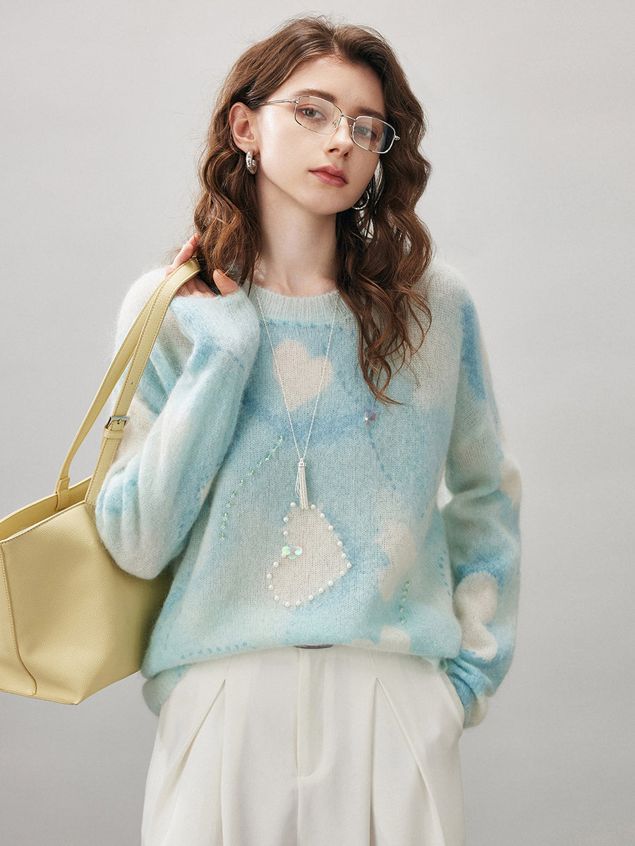 COMOBOCA Women's Heart Printed Round Neck Sweater