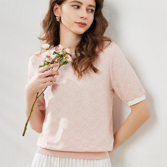 COMOBOCA Women's Diamond Knit Short Sleeve Sweater