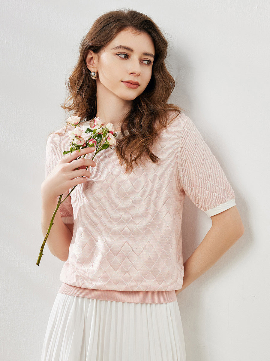 COMOBOCA Women's Diamond Knit Short Sleeve Sweater