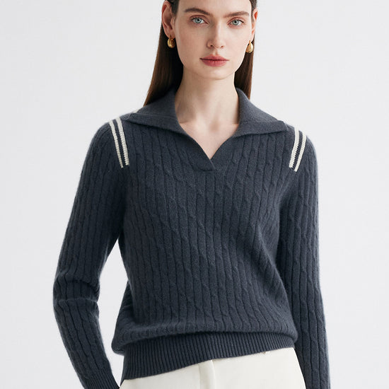 COMOBOCA Navy Blue 100% Cashmere Women's Cable Knit Polo Neck Sweater