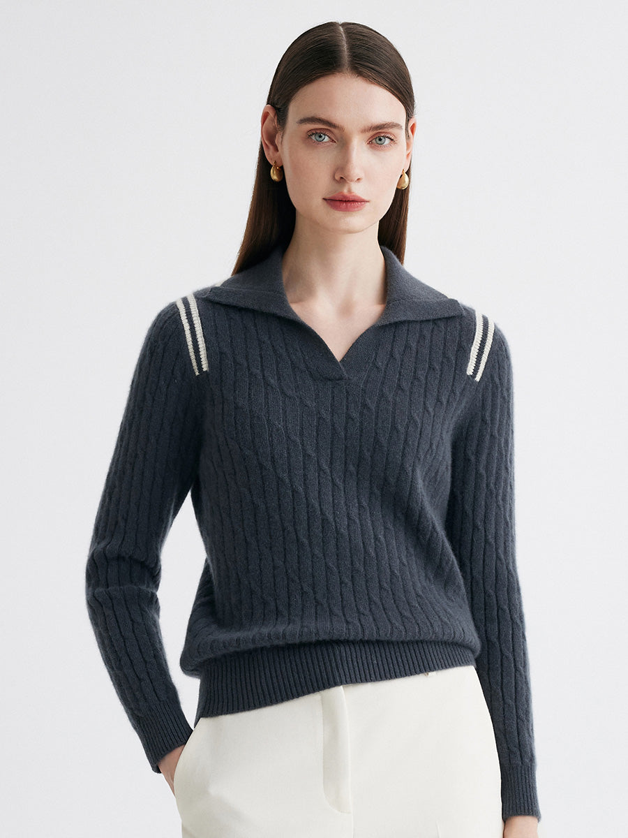 COMOBOCA Navy Blue 100% Cashmere Women's Cable Knit Polo Neck Sweater