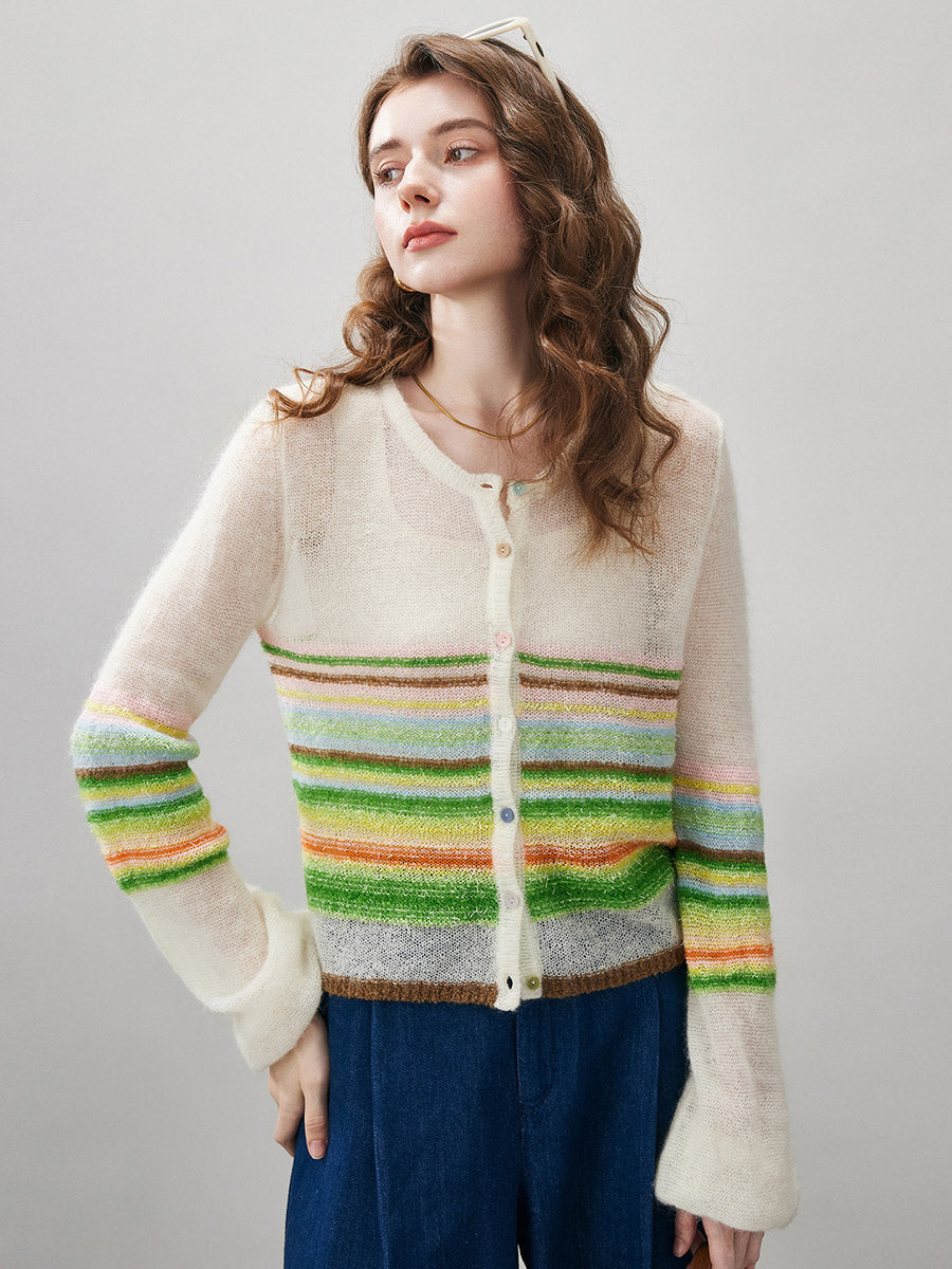 COMOBOCA Women's Rainbow Striped Button Down Cardigan