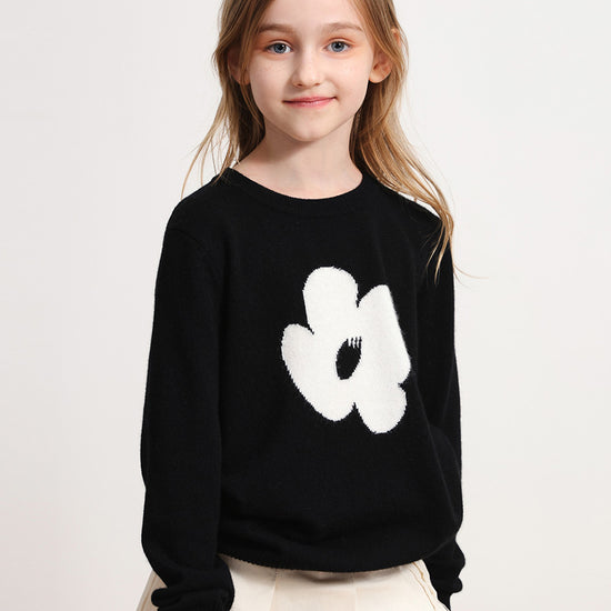 COMOBOCA BLACK 100% Wool Kids' Intarsia Round Neck Knit Sweater