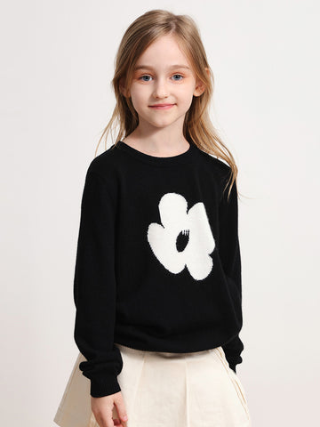 COMOBOCA BLACK 100% Wool Kids' Intarsia Round Neck Knit Sweater