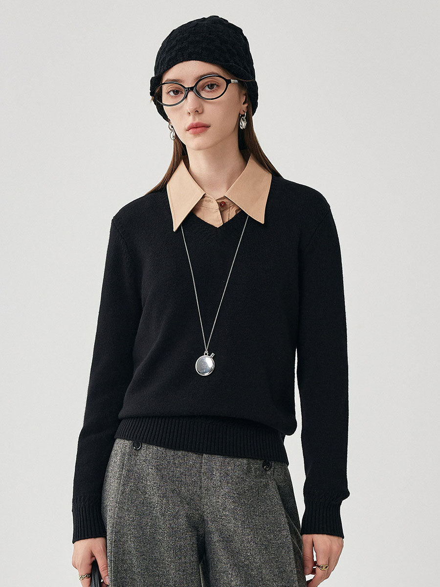 COMOBOCA Black 100% Wool Women's V-Neck Ribbed Knit Sweater