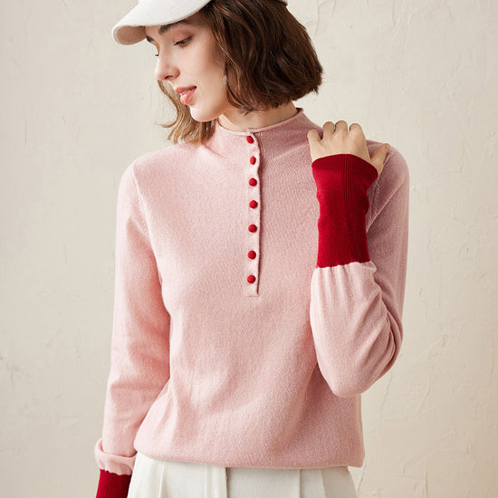 COMOBOCA Pink 100% Cashmere Women's Button Down Contrast Cuff Knit Sweater