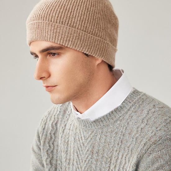 COMOBOCA Camel 100% Wool Men's Ribbed Knit Beanie
