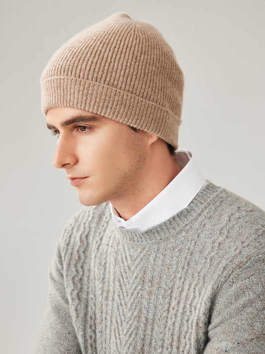 COMOBOCA Camel 100% Wool Men's Ribbed Knit Beanie