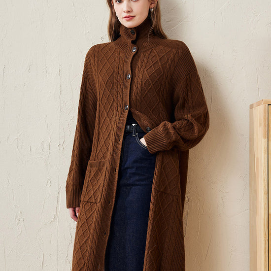 COMOBOCA Brown 100% Wool Women's Cable Knit Long Front Button Coat
