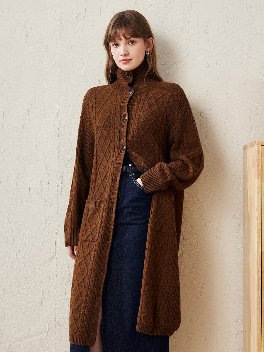 COMOBOCA Brown 100% Wool Women's Cable Knit Long Front Button Coat